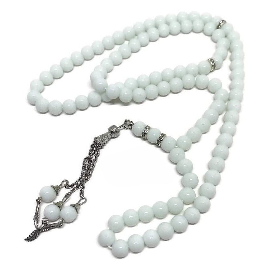 20B: White Muslim Tasbih 99 Beads silver trim (6mm)(15")