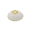 3OO. White Hand Knitted Kippah W/ Gold Embroidered Star of David 17cm