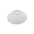 3O. White Hand Knitted Kippah W/ White Embroidered Star of David 17cm